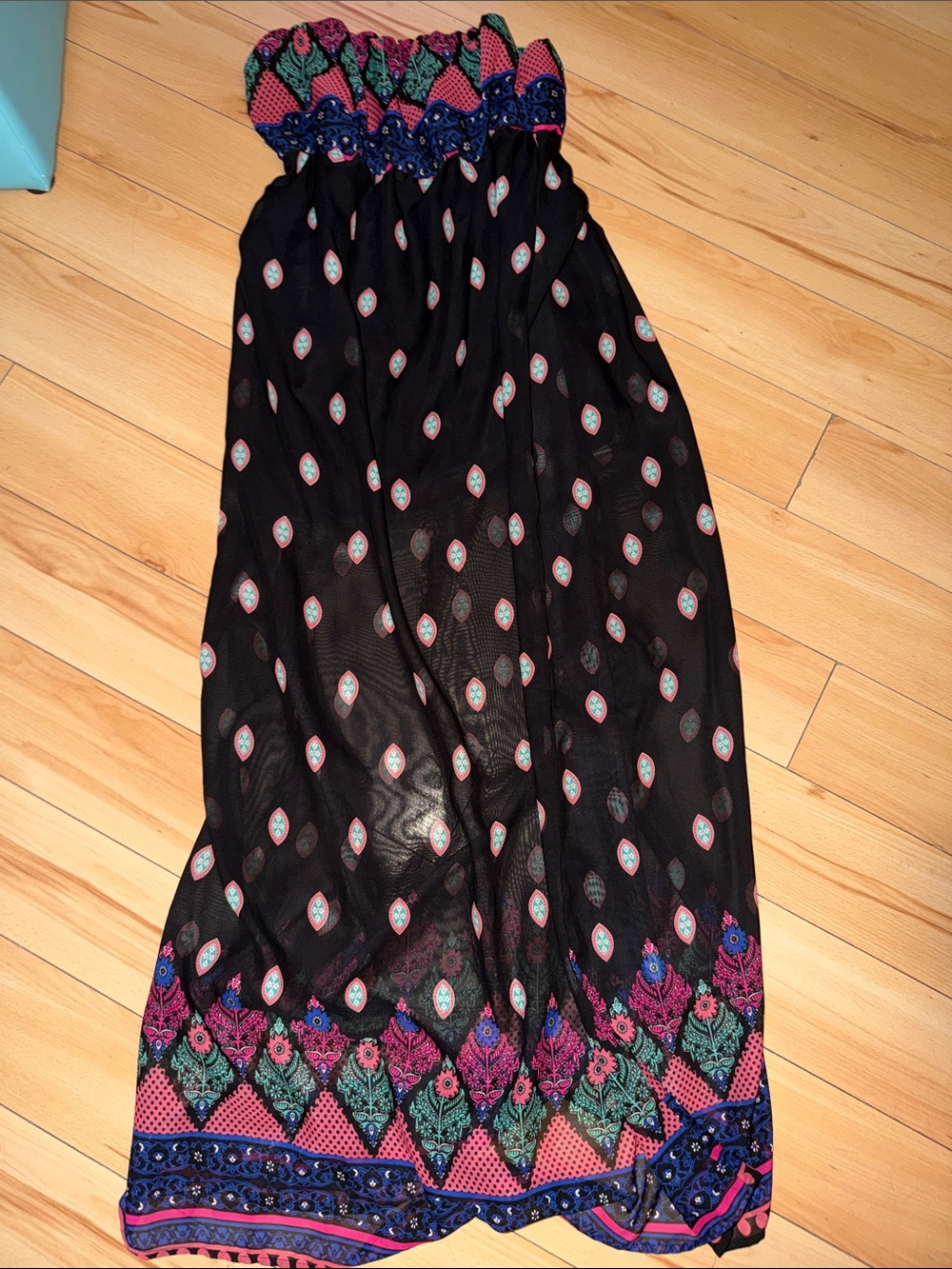 Black Bohemian Maxi dress with Pink & Teal Floral Border